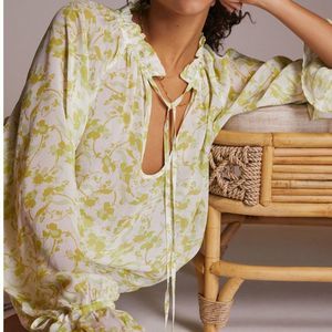 NWT Anthro Aureta sheer printed blouse green motif super fun just to big